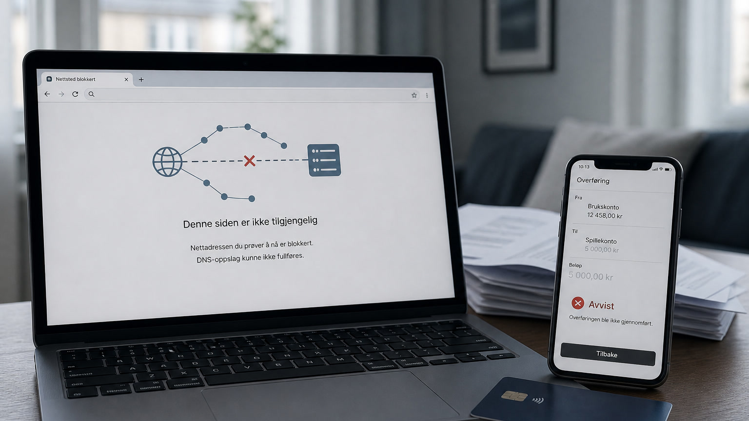 Laptop viser et DNS-blokkert nettsted. En bankapp avviser overføring til en spillekonto.